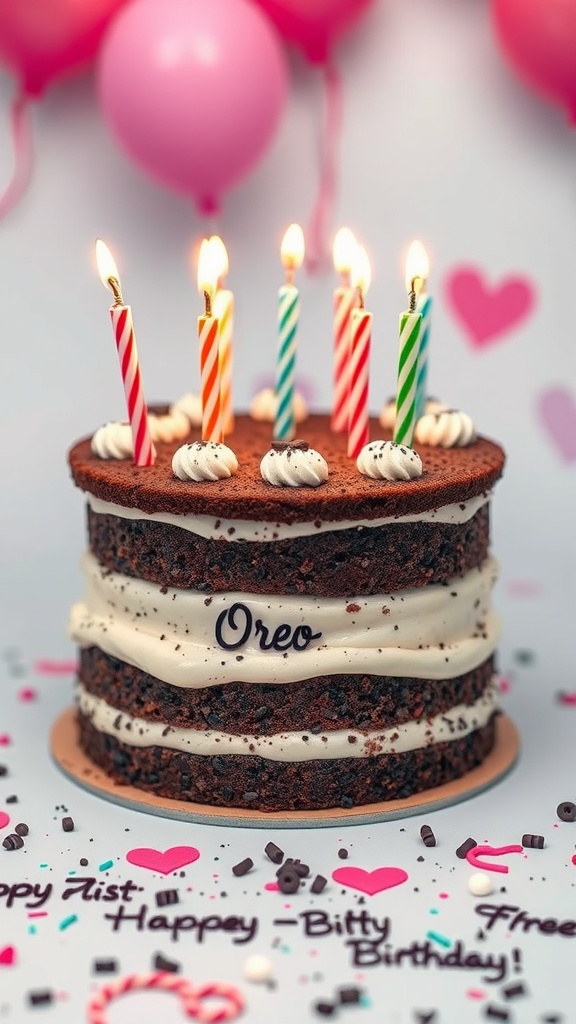 A delicious Oreo cake decorated with candles and sprinkles for a celebration.
