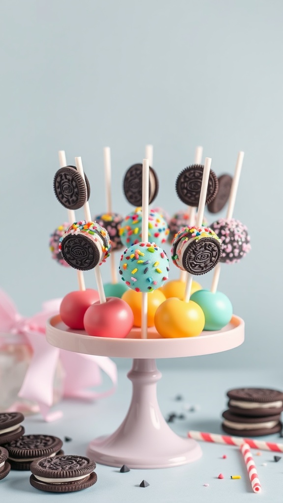 Colorful Oreo cake pops displayed on a stand, decorated with sprinkles and mounted on sticks.