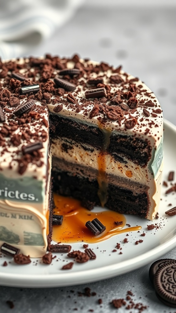 A deliciously layered Oreo cake with chocolate layers, creamy filling, and drizzled caramel.