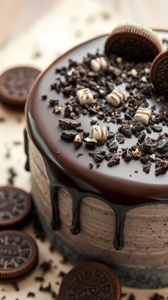 Delicious Oreo cake with chocolate ganache and crushed Oreos on top.
