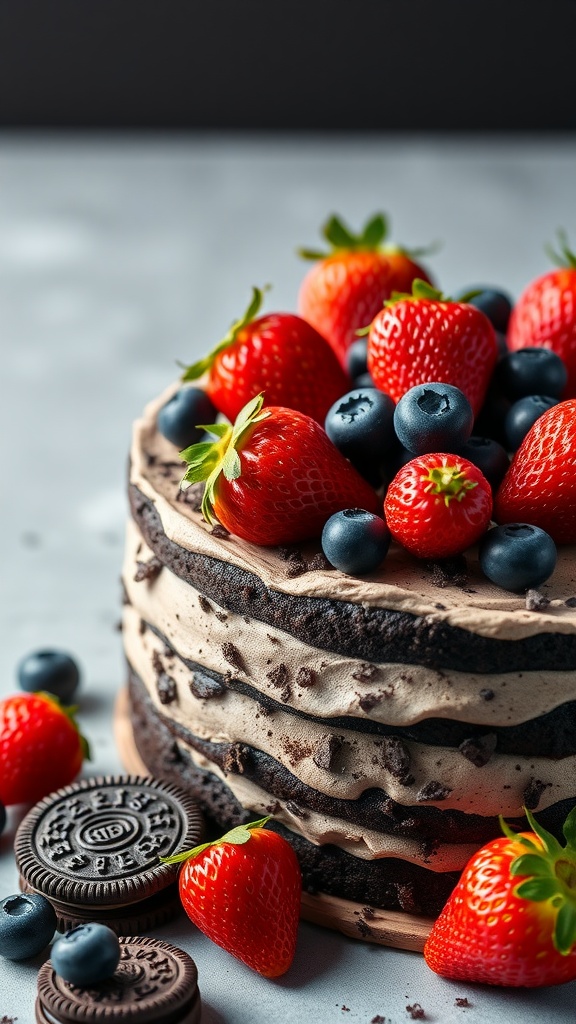 A delicious Oreo cake topped with fresh strawberries and blueberries.