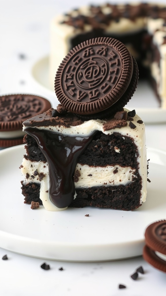 A slice of Oreo cake with ice cream filling, topped with chocolate sauce and crushed Oreos.