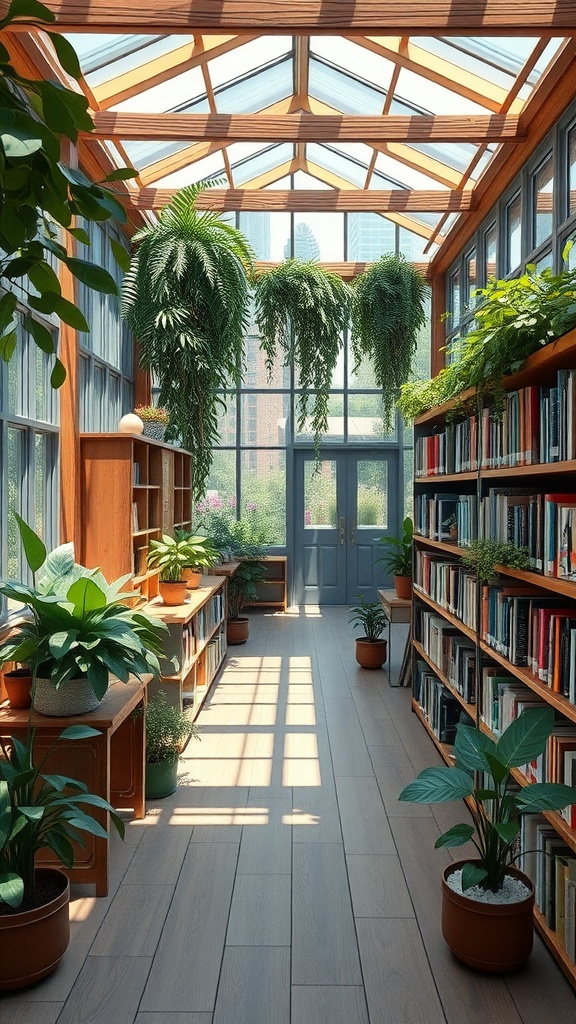 Indoor library with large windows, wooden shelves, and various potted plants.
