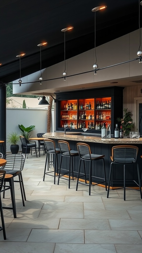 A modern outdoor bar setup with seating, drinks, and plants.
