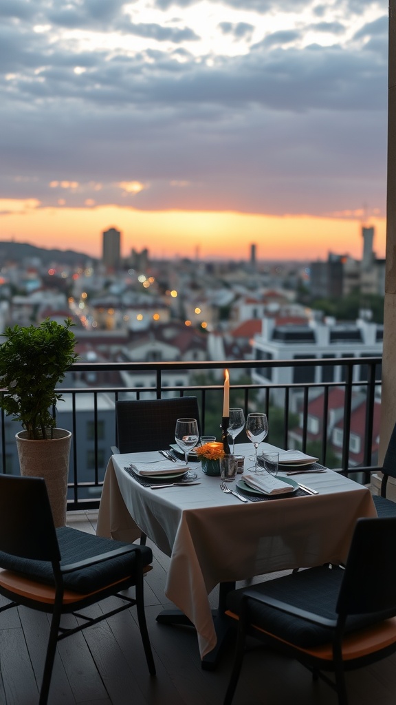 A beautifully set outdoor dining table on a balcony with a view of the city at sunset.