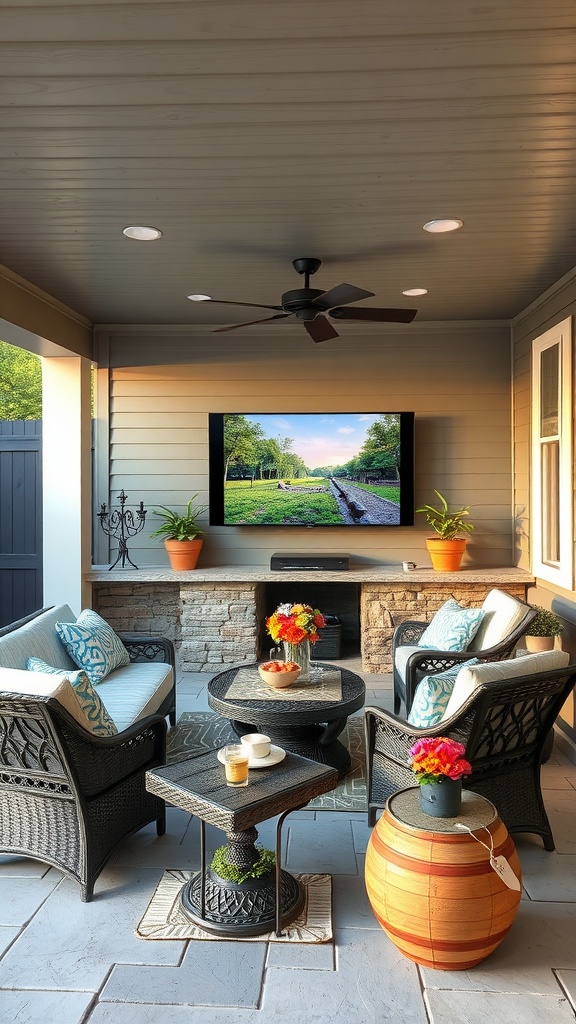 Cozy outdoor entertainment area with seating and a TV
