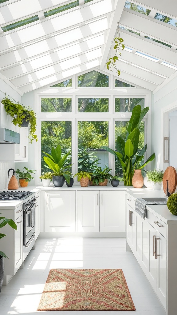 Bright white kitchen with large windows and indoor plants.