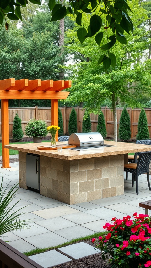 Outdoor kitchen island with grill and seating area surrounded by greenery