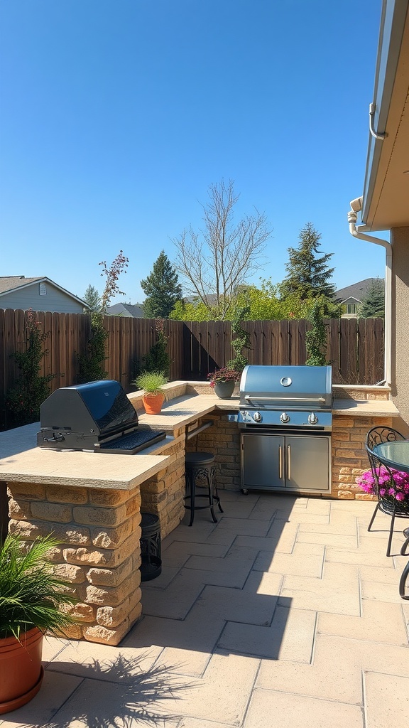An outdoor kitchen setup featuring a grill, stone counter, and seating area surrounded by plants.