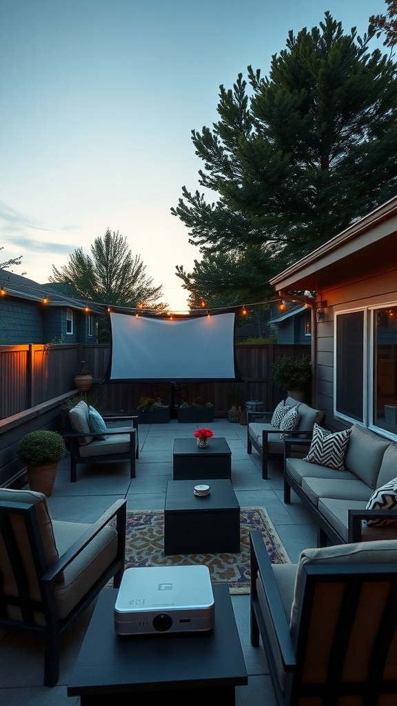 A patio set up for an outdoor movie night with a projector and screen.