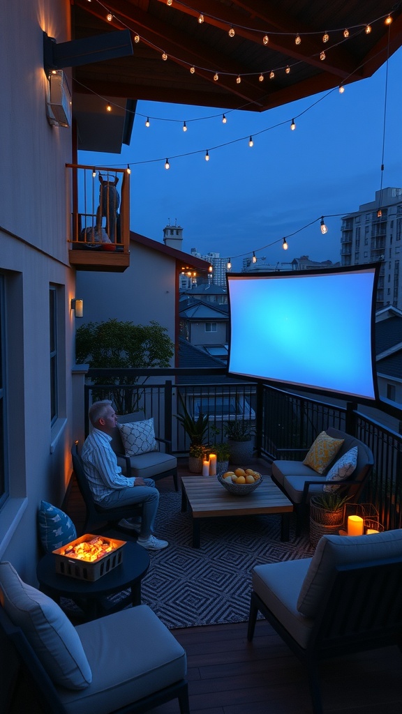 A cozy outdoor balcony setup for a movie night, featuring a projector screen, comfortable seating, and string lights.
