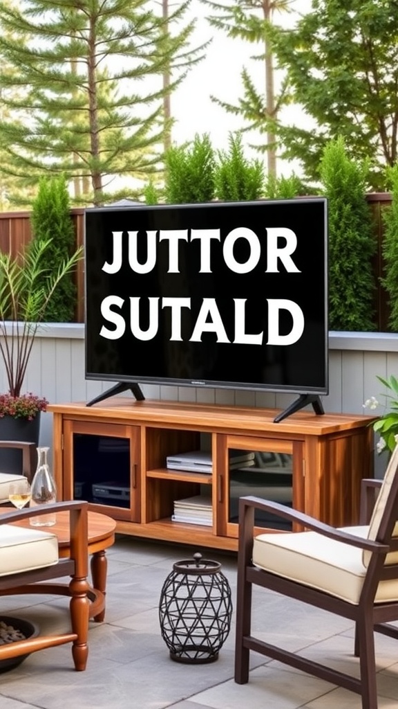 An outdoor patio with a wooden TV stand, chairs, and decorative elements