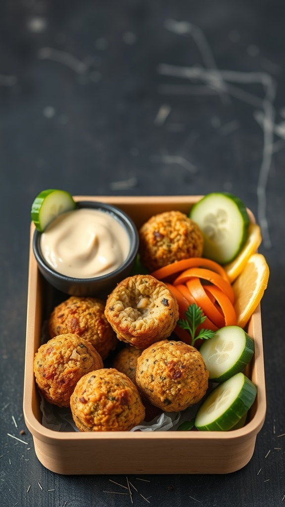 A bento box containing oven-baked falafel, cucumber slices, carrot strips, lemon wedges, and a small bowl of dipping sauce.
