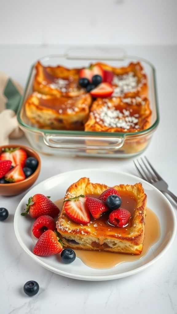 Delicious overnight French toast casserole served with fresh berries and syrup.