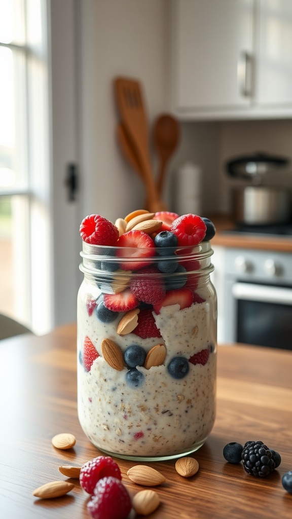 A jar of overnight oats layered with fresh berries and almonds.