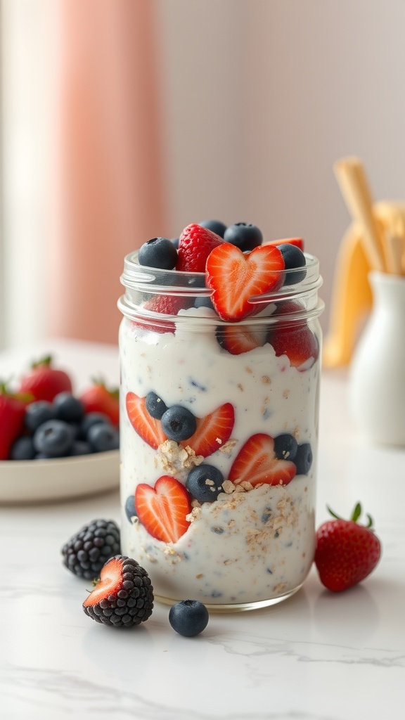 A jar of overnight oats layered with fresh strawberries, blueberries, and blackberries.