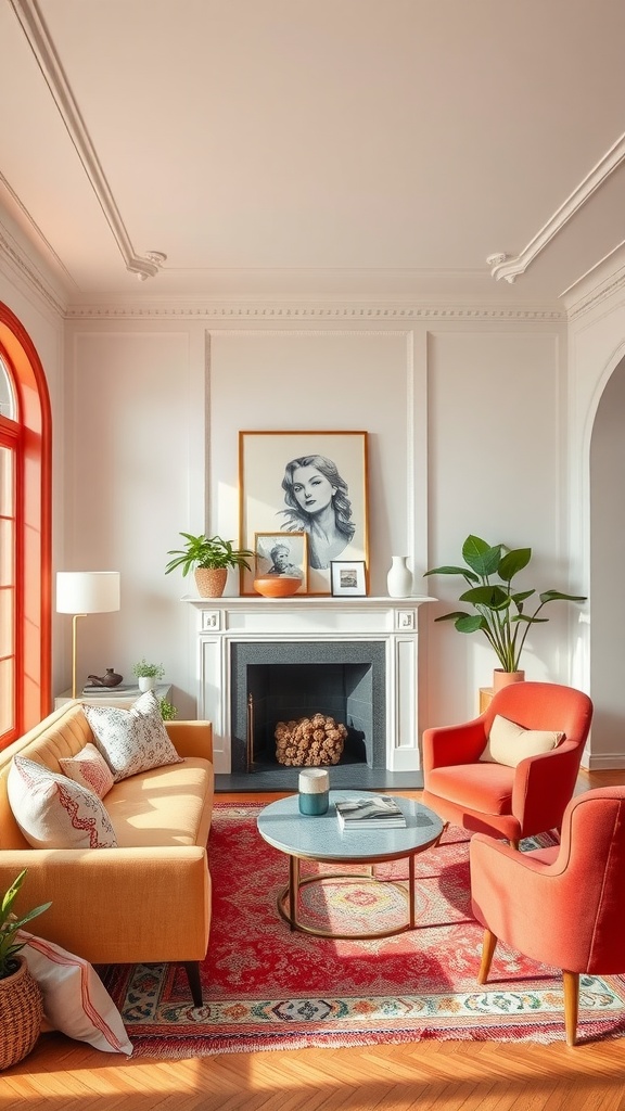 A cozy living room featuring colorful furniture and elegant wall moulding.