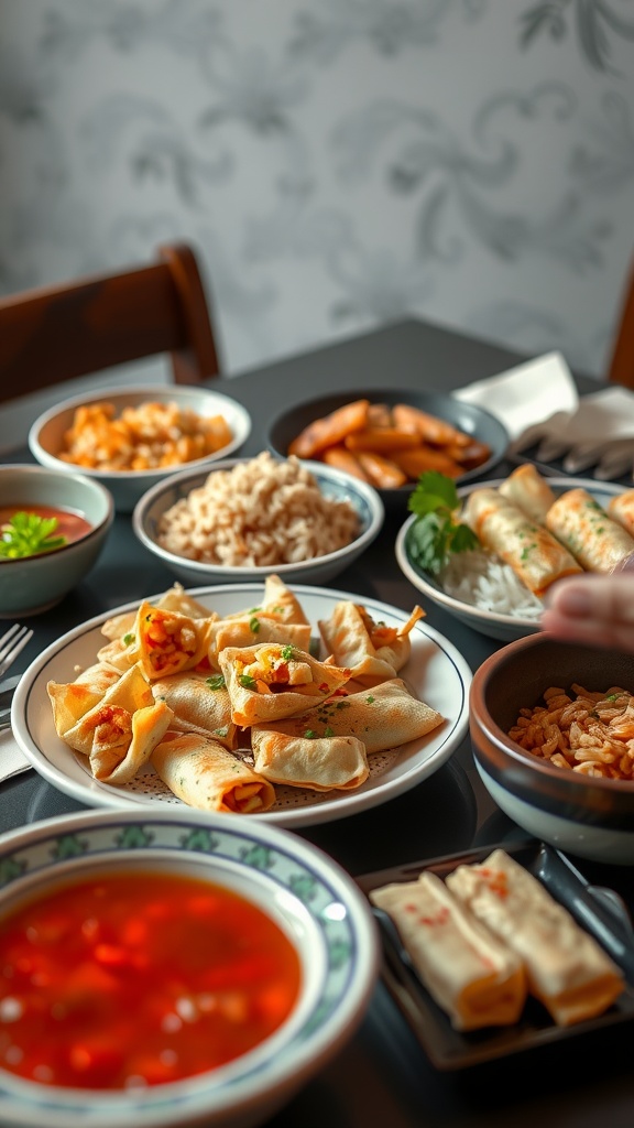 An assortment of Crab Rangoon served with various traditional sides.