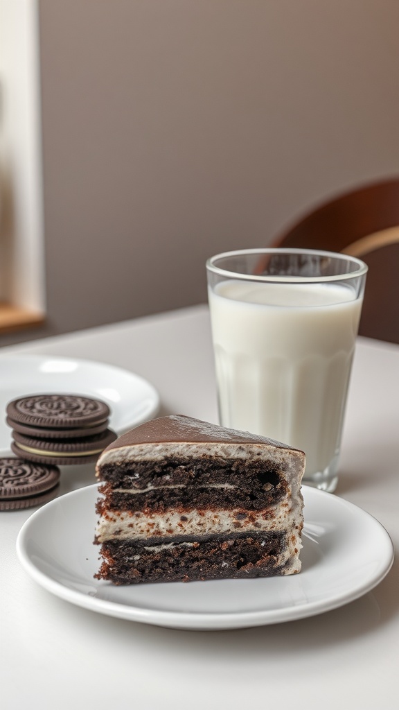 Slice of Oreo cake on a plate with a glass of milk and Oreo cookies