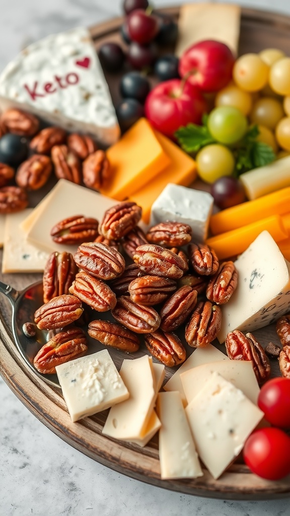 A cheese platter featuring keto candied pecans, various cheeses, grapes, and apples.