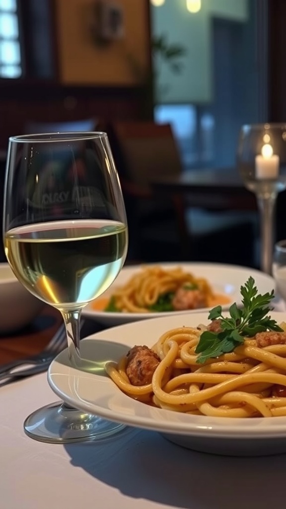 A plate of pasta carbonara topped with parsley, accompanied by a glass of white wine.