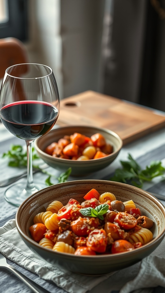 A bowl of pasta fagioli with a glass of red wine beside it