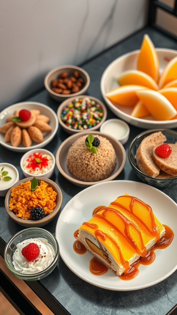 A delicious serving of mango sticky rice with sliced mangoes and coconut sauce.
