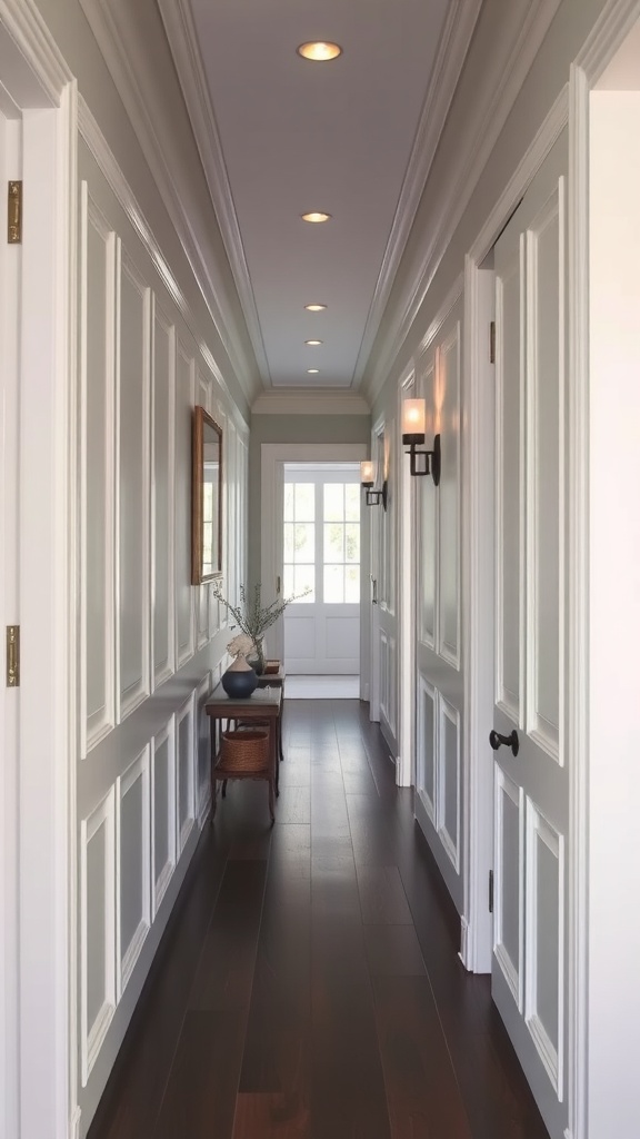 A hallway featuring elegant panel moulding along the walls and stylish lighting.