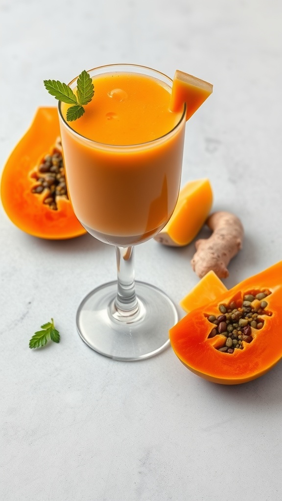 A refreshing papaya and ginger smoothie in a glass with fresh papaya and ginger beside it.