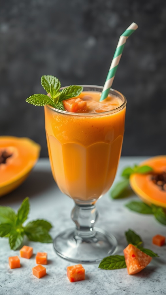 A refreshing papaya and mint smoothie in a glass with a straw, garnished with mint leaves.