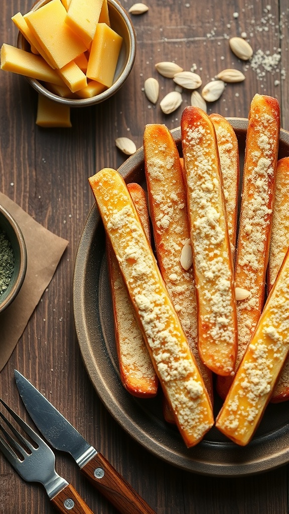Delicious Parmesan and almond flour coated cheese sticks ready to eat.