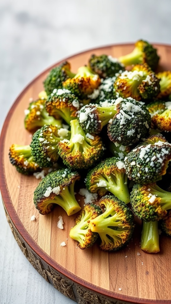A platter of Parmesan crusted broccoli on a wooden plate.