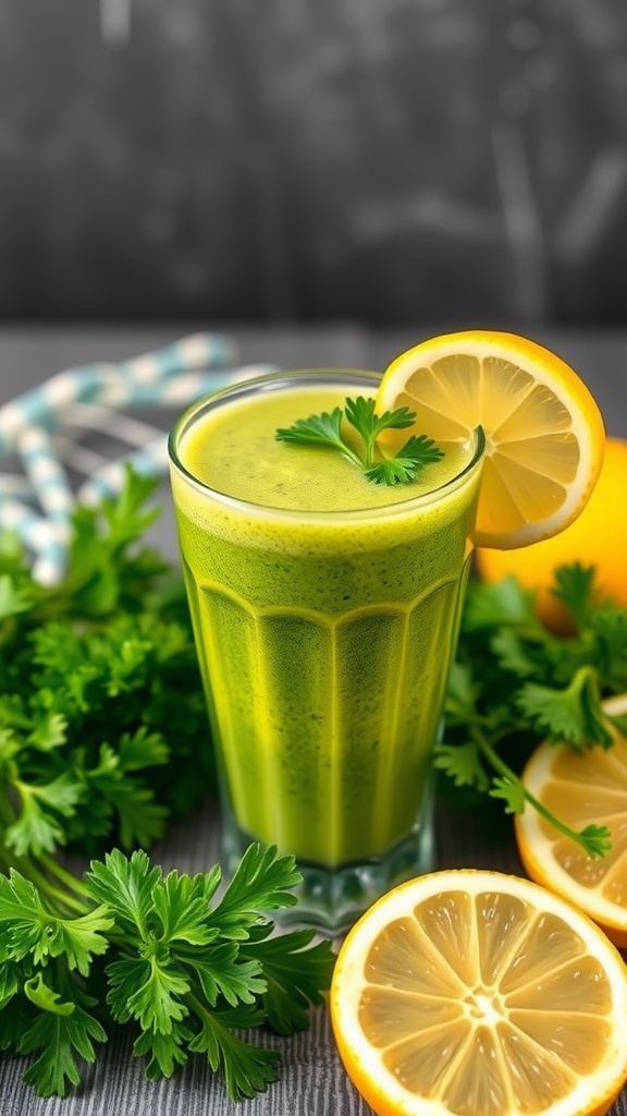 A green liver detox smoothie with parsley and lemon, garnished with lemon slices.