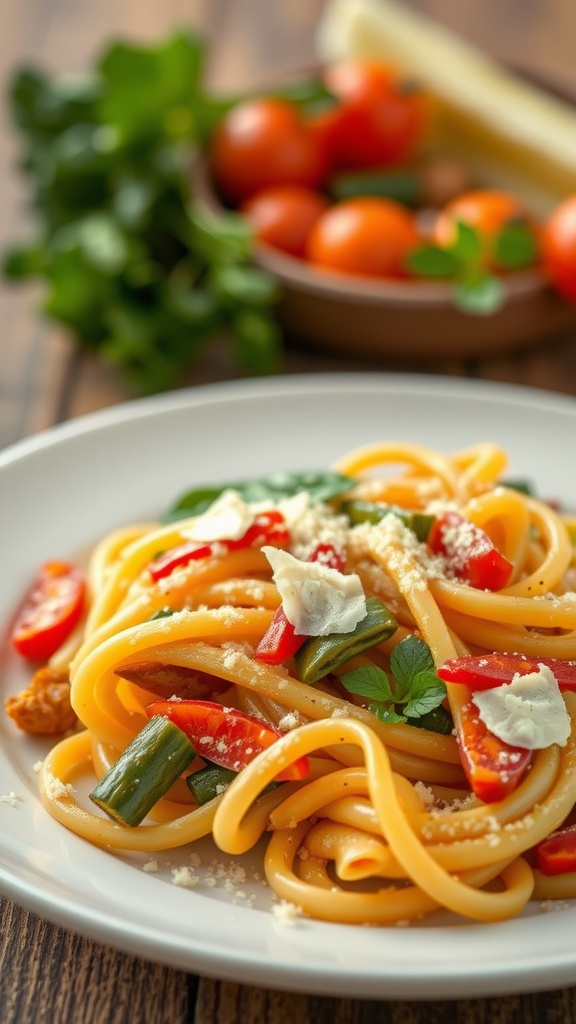 Pasta Primavera with fresh vegetables garnished with cheese and herbs.