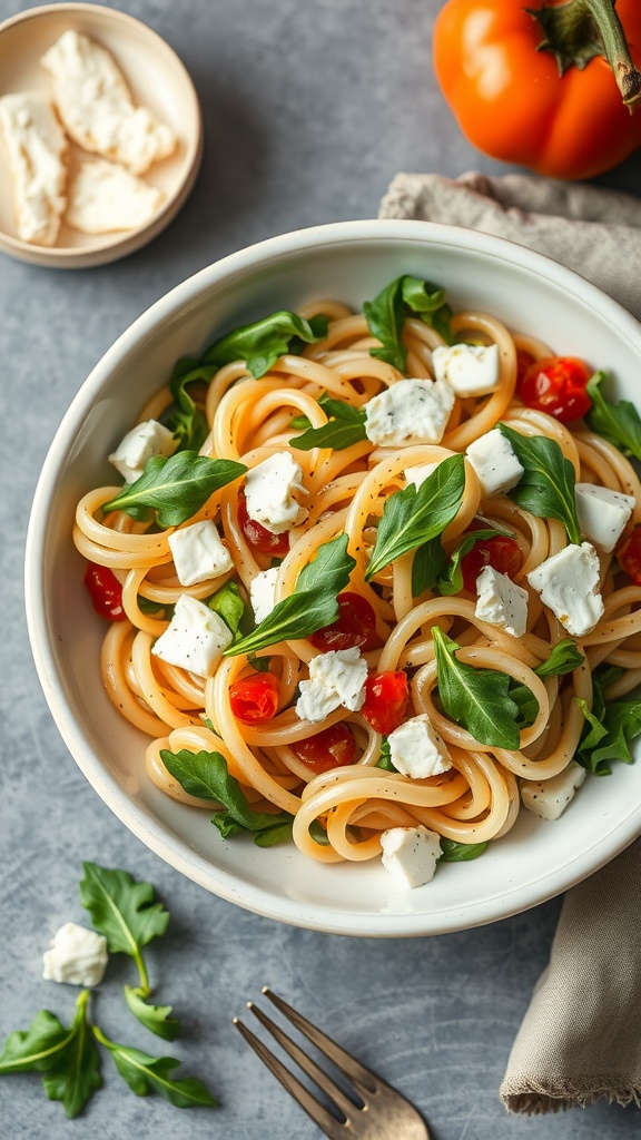 A bowl of pasta salad with arugula and goat cheese