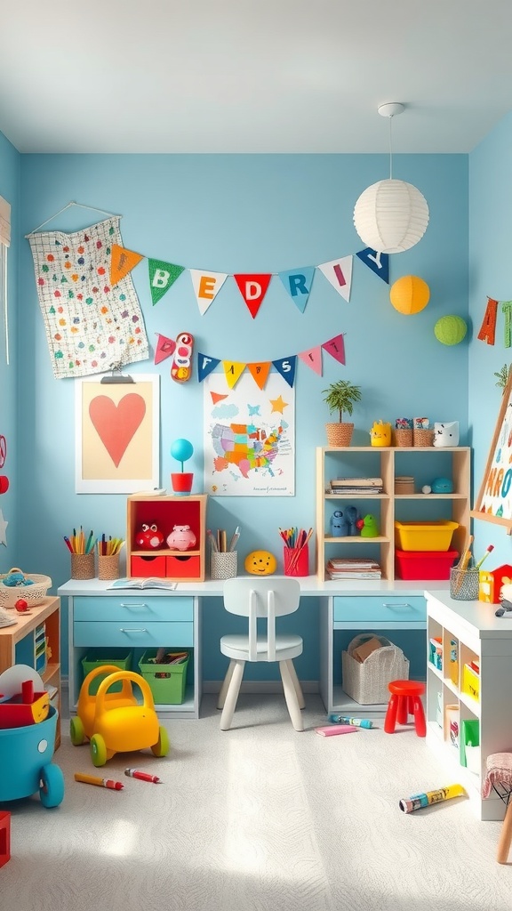 A vibrant pastel blue playroom filled with colorful toys, art supplies, and cheerful decorations.