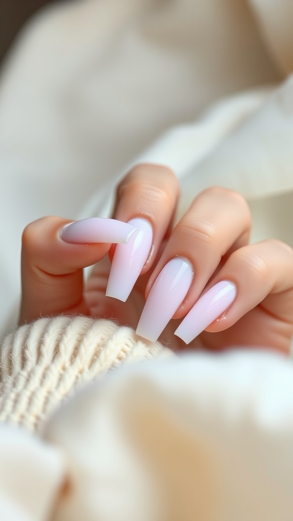 Pastel coffin nails in lavender and pink with a cozy sweater background.