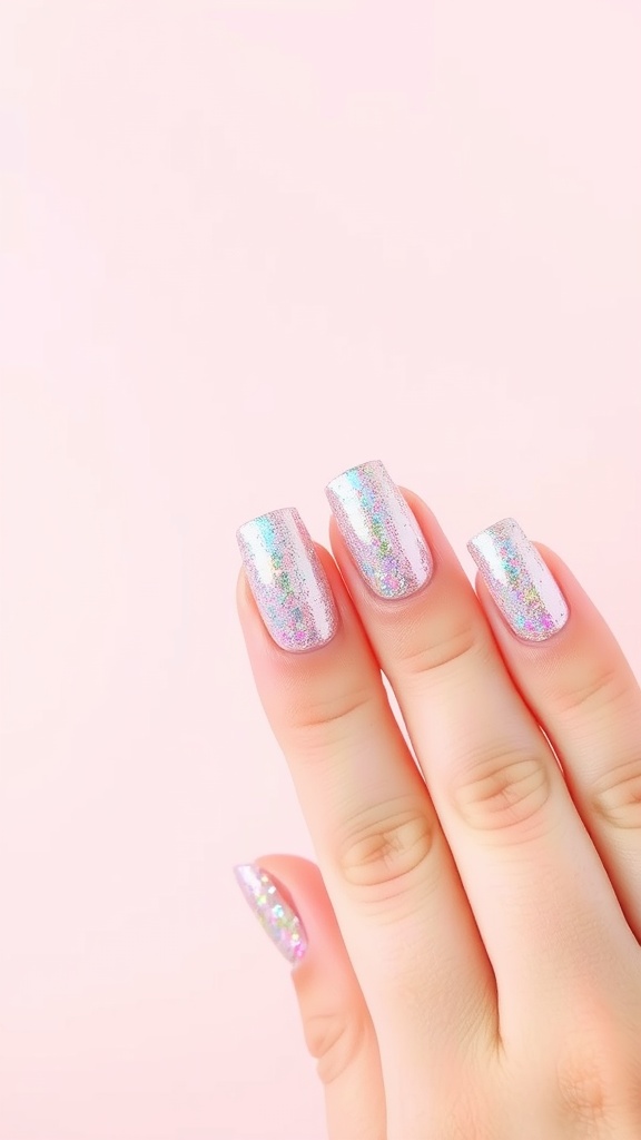 Pastel glitter gradient nails with a sparkling finish on a pink background.