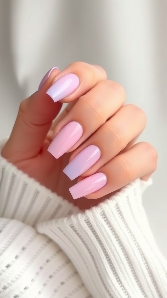 A hand showing pastel ombre square nails in shades of pink and lavender.