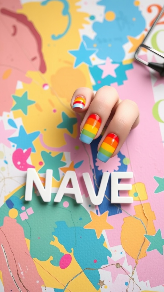 Colorful pastel rainbow ombre nails on a hand against a vibrant background