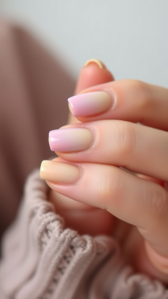 A close-up of hands with pastel rainbow ombre nails in shades of pink and yellow.