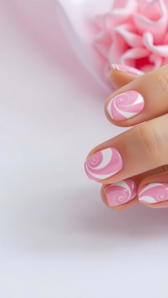 Pastel swirl nail design with pink and white patterns