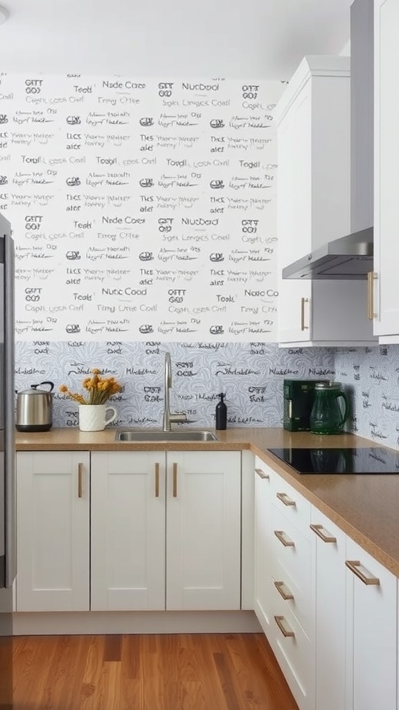 A kitchen with patterned wallpaper backsplash featuring various words and phrases