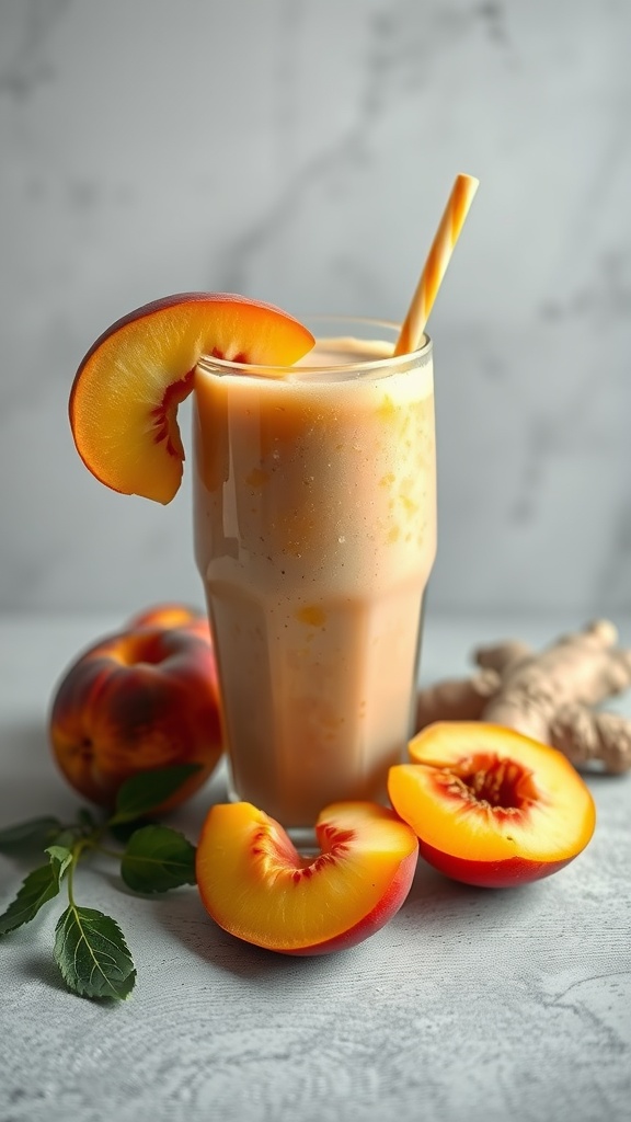 A refreshing peach and ginger smoothie in a glass with peach slices and ginger root.