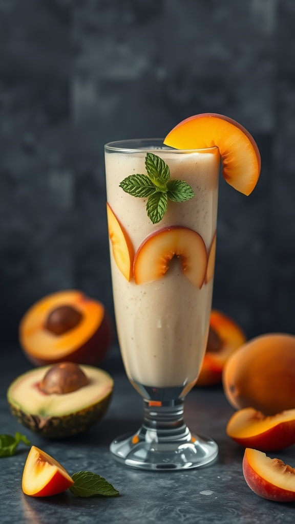 A refreshing peach and avocado smoothie in a tall glass, garnished with peach slices and mint, surrounded by fresh peaches and avocados.