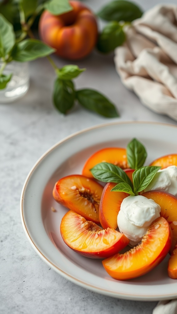 A plate of sliced peaches topped with burrata cheese and fresh basil