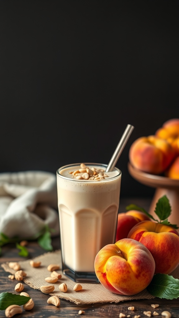 A tall glass of peach and cashew cream smoothie garnished with nuts and fresh peaches beside it.