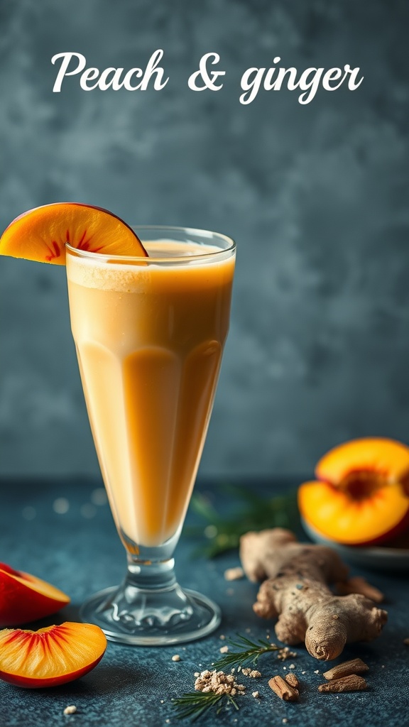 Peach and ginger smoothie in a glass with peach slices.