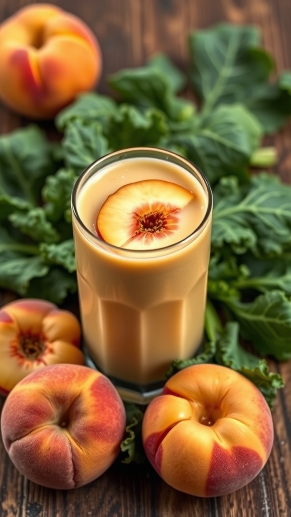 A glass of peach and kale smoothie surrounded by fresh peaches and kale leaves.