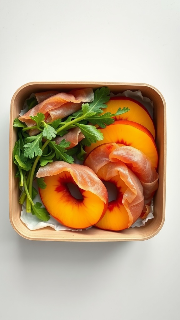 Bento box with peach slices wrapped in prosciutto and garnished with fresh herbs.